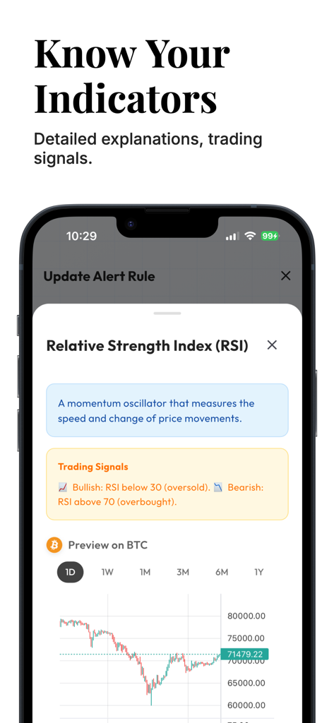 Oberfläche der KryptoBot-App, die Erklärungen zum Relative Strength Index (RSI)-Indikator und bullische oder bärische Handelssignale anzeigt