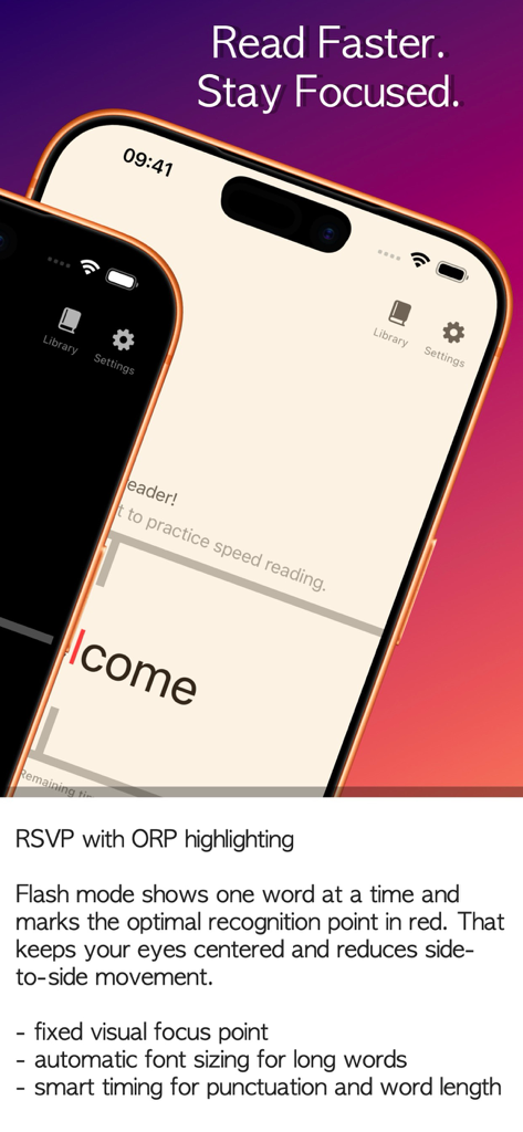 Speed Reader! - Speed Reader app interface showing RSVP technology and Flash Mode with ORP highlighting for faster reading