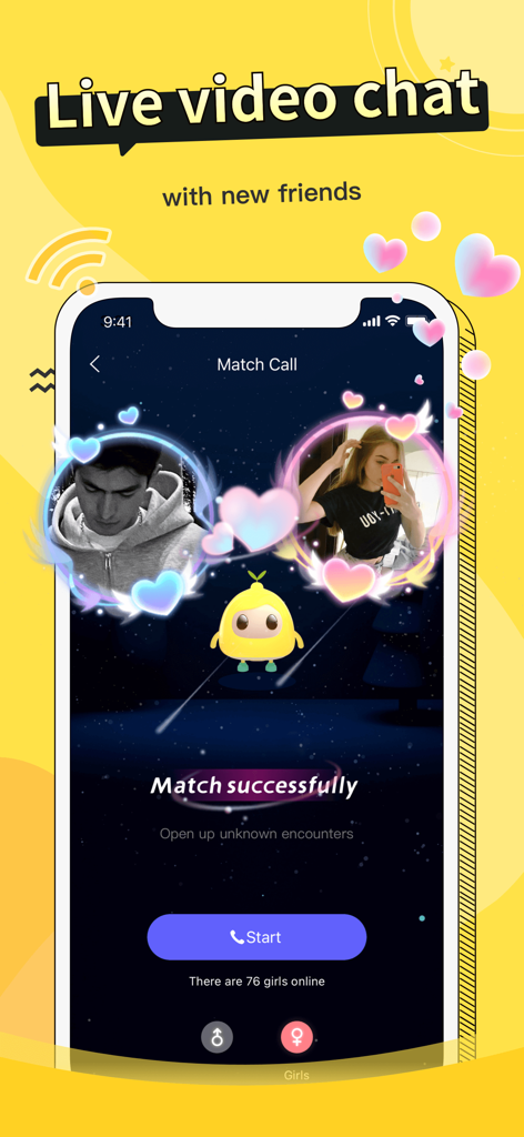 Lemo - Chill & Chat - Interfaz de la aplicación Lemo que muestra una coincidencia de video chat en vivo entre dos usuarios.