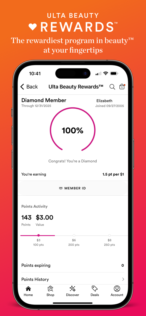 Ulta Beauty: Makeup & Skincare - Ulta Beauty app screen displaying Diamond Member status and rewards points activity