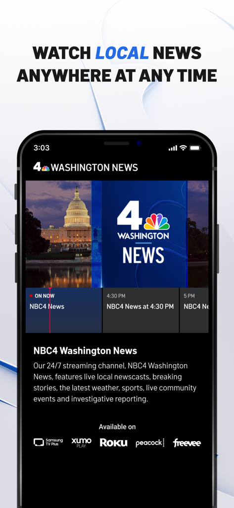 Un teléfono inteligente muestra la aplicación NBC4 Washington News con una interfaz de transmisión en vivo y el edificio del Capitolio de EE. UU.