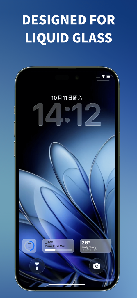 Liquid Theme - 26 Wallpapers - iPhone-Sperrbildschirm, der ein futuristisches blaues Liquid-Glas-Hintergrundbild mit transluzenten Widgets zeigt