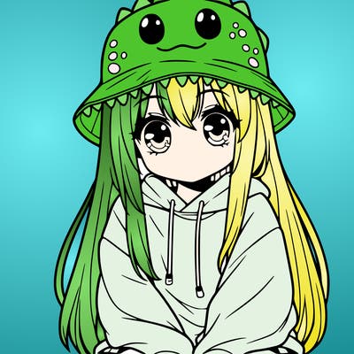girl with anime shaped eyes with a dinosaur bucket hat oversized sweatshirt long straight hair