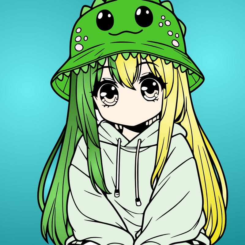 girl with anime shaped eyes with a dinosaur bucket hat oversized sweatshirt long straight hair