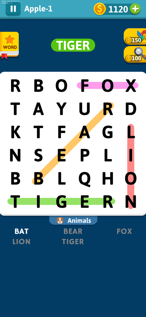 Gameplay of Word Search Hidden Words showing an animal themed word search puzzle with highlighted words.
