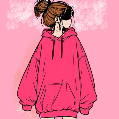 realistic girl with a oversized sweatshirt on and a bun