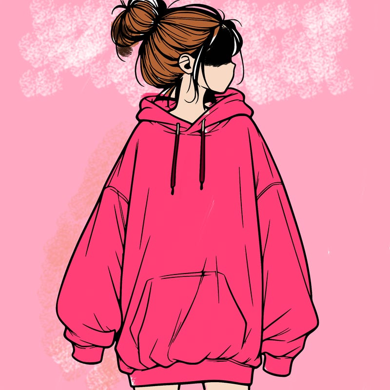realistic girl with a oversized sweatshirt on and a bun