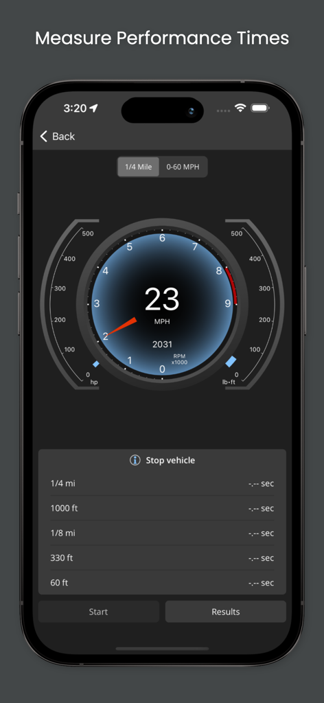 OBD Fusion app interface showing performance time measurements and a digital speedometer gauge