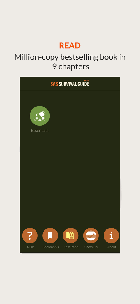 SAS Survival Guide - Lite - SAS Survival Guide Lite app screen showing the Essentials section and navigation icons for quiz and checklist