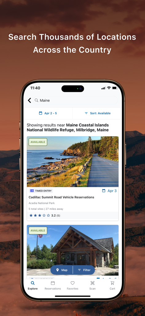 Capture d'écran de l'application Recreation.gov montrant les résultats de recherche pour les réservations de véhicules dans le Maine à Acadia National Park