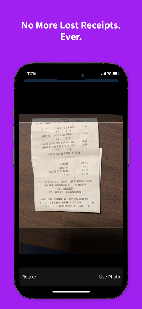 Smartphone-Bildschirm zeigt die Belegscan-Funktion in der Cash Compass Ausgaben-Tracker-App