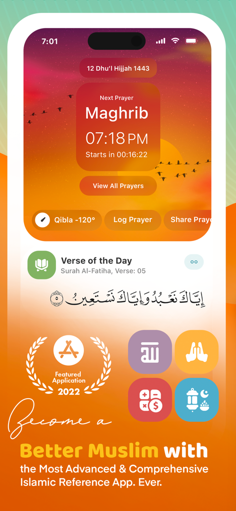 Smartphone screen showing the Muslim and Quran app interface with prayer times and daily verse