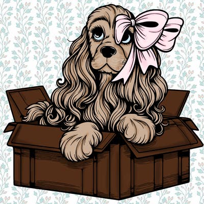 a spaniel american cocker with a beautiful bow coming out if a box realistic cute