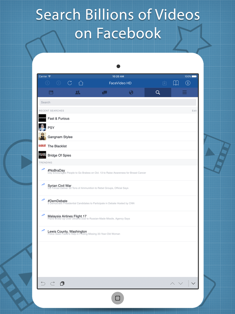 Video Browser, Player, Streamer and Bookmarker ~ BVideo HD - iPad interface for searching Facebook videos with recent searches and trending topics