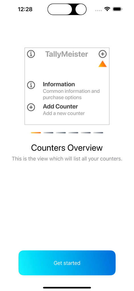 Counter - Tally Meister - Pantalla de incorporación de la aplicación Tally Meister que muestra la vista general de los contadores y el botón de empezar