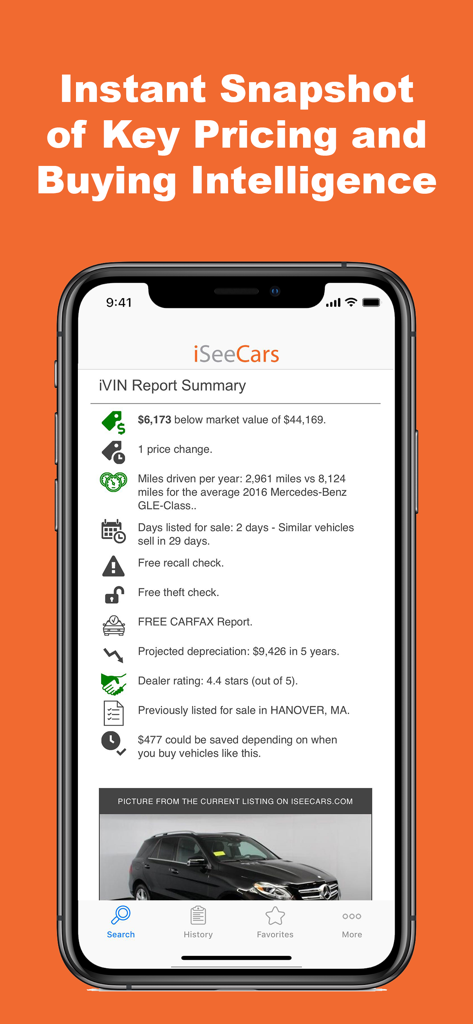 VIN Report for Used Cars - Pantalla de resumen del informe iVIN en la aplicación Informe del VIN para Autos Usados que muestra el valor de mercado y el análisis del historial del vehículo.