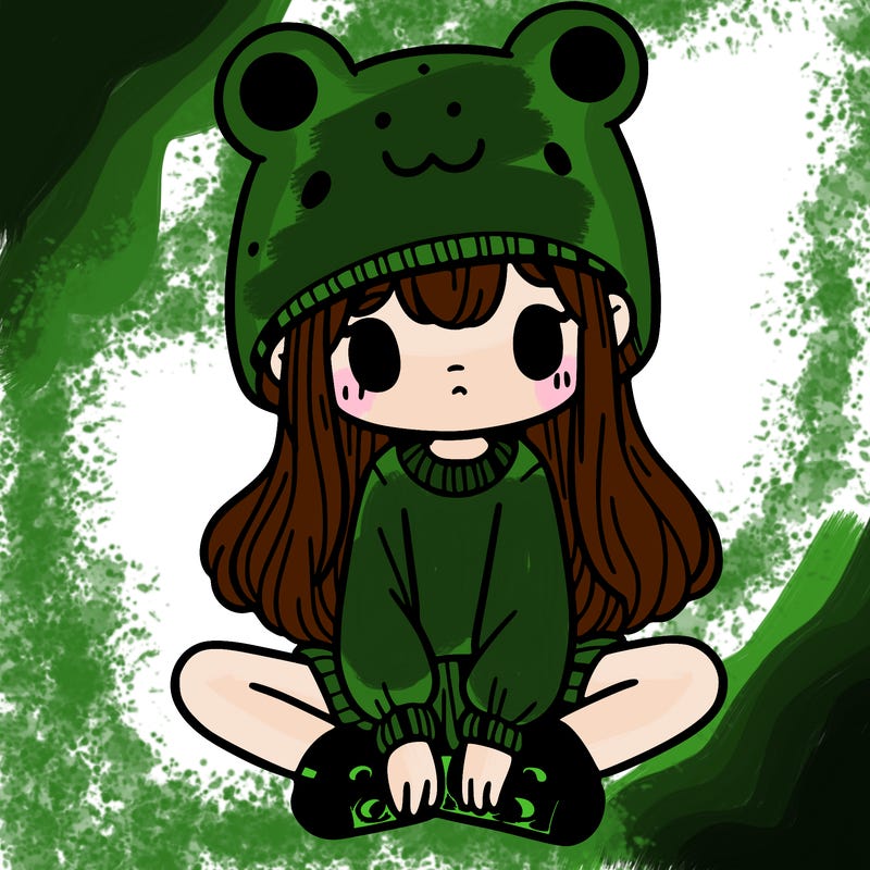 a girl wearing a frog hat and some frog socks