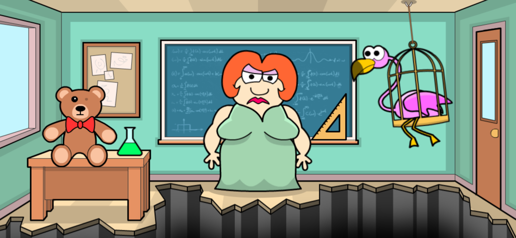 Bash the Teacher! School Prank - 教室で、テディベアと檻に入れられたフラミンゴと一緒にいる怒っているカートゥーン風の先生、ミス・サンダーフェイス。
