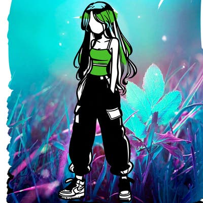 girl in baggy pants crop top and long hair