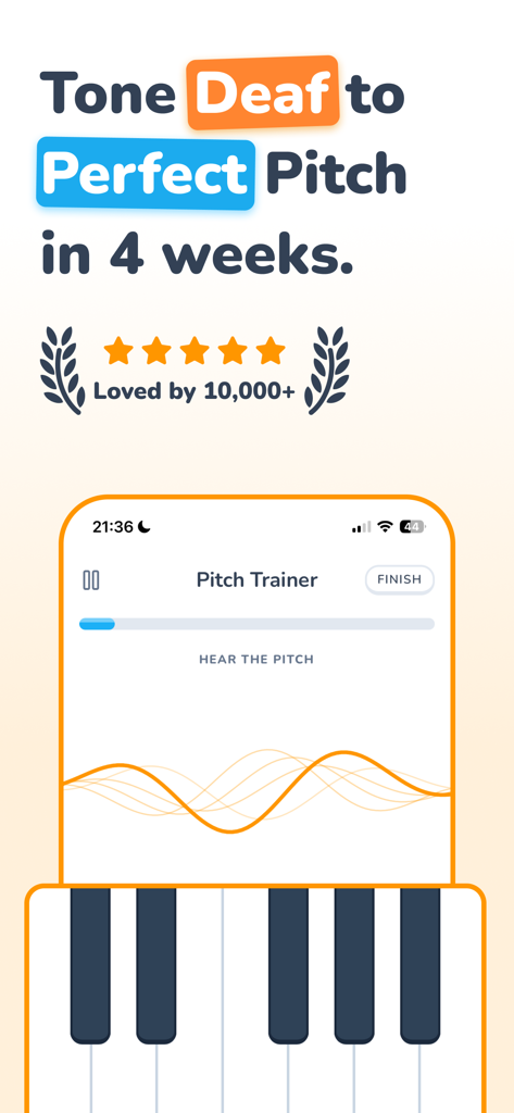 Pitch Trainer - Ear Training - Interface do aplicativo Pitch Trainer mostrando o progresso do ouvido absoluto e um teclado de piano
