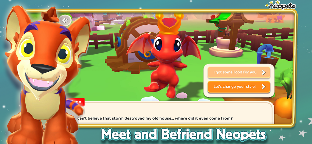 Neopets: Tales of Dacardia - Gameplay screenshot of Neopets Tales of Dacardia showing two 3D Neopets and interaction options to feed or style them.