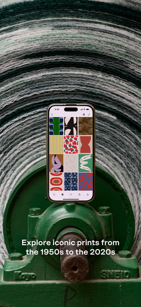 Marimekko | Fashion & Design - Smartphone screen displaying the Marimekko app's iconic print library with colorful patterns.