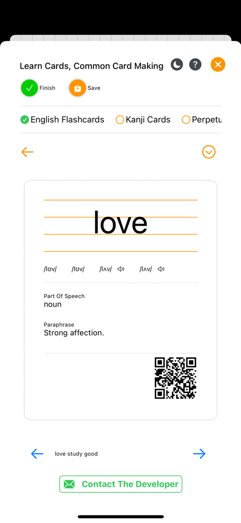 Interface for creating an English language study flashcard with phonetic symbols and word definition