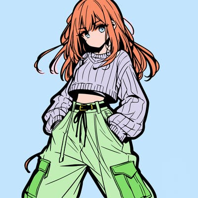 anime teen girl with baggy pants and crop top with sweater