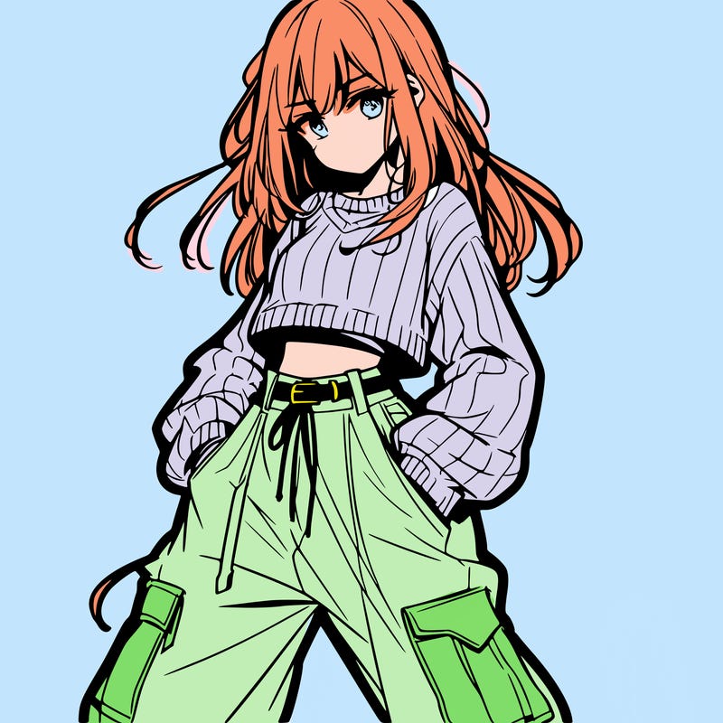 anime teen girl with baggy pants and crop top with sweater