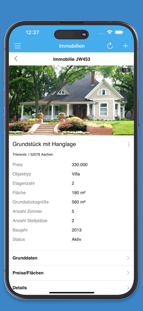 Mobile view of the onOffice app showing detailed property information for a villa listing including price and features