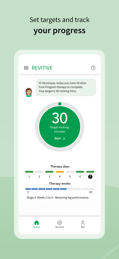 Revitive - Revitive app home screen displaying daily therapy targets and 10-week progress tracking for leg circulation therapy.