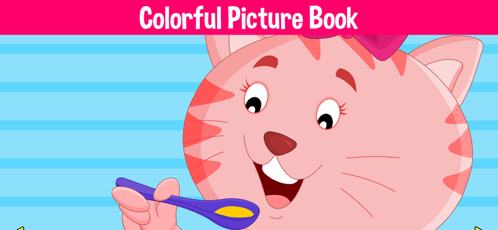 Learn To Read Stories For Kids - A pink cartoon cat character holding a spoon in a colorful digital picture book for kids