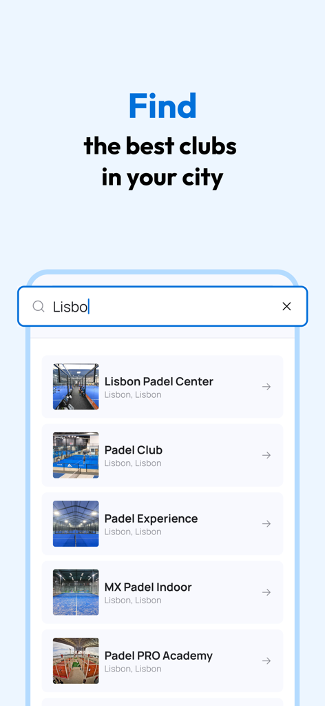 Smashpro - Book Padel - Mobile app interface showing a list of padel clubs in Lisbon with a search bar