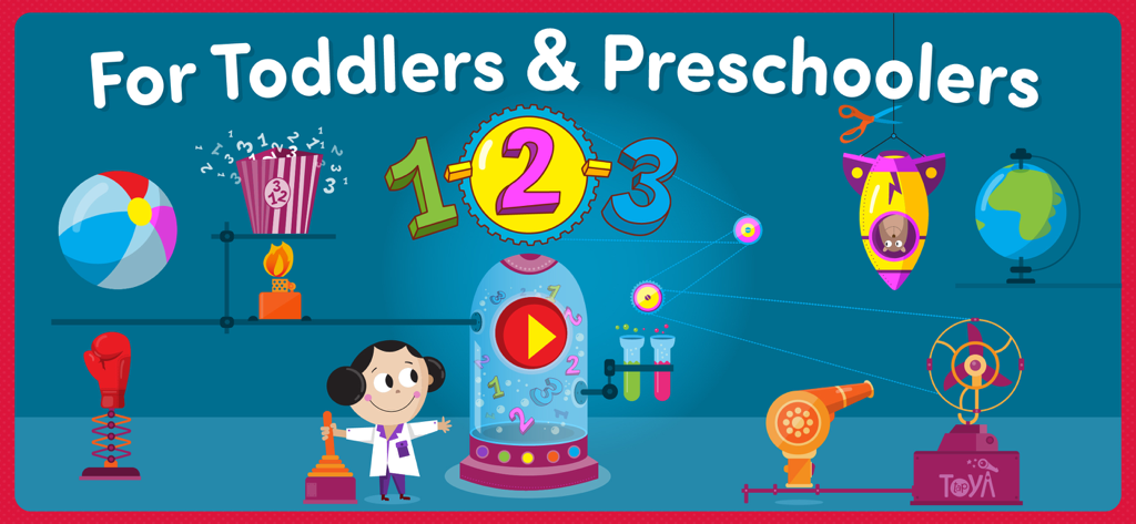 Pädagogischer Spielbildschirm im Stil eines Wissenschaftslabors mit den Zahlen eins, zwei und drei für Kleinkinder und Vorschulkinder