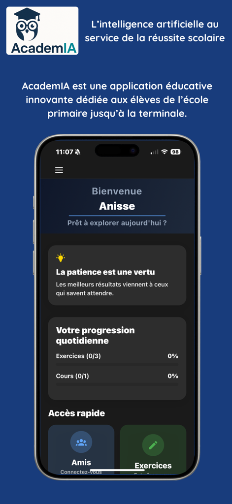 academia (8eb885) - The home dashboard of the Academia educational app showing a student progress tracker and quick access buttons.
