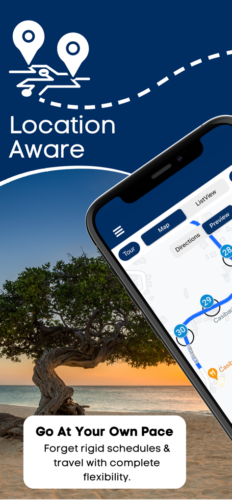 Aruba Self-Guided Island Tours - Smartphone displaying a GPS-guided tour map over a sunset beach scene in Aruba