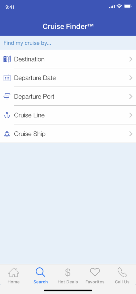 Cruise Finder by iCruise.com - The search screen of the Cruise Finder app showing options to find cruises by destination, date, port, line, or ship.