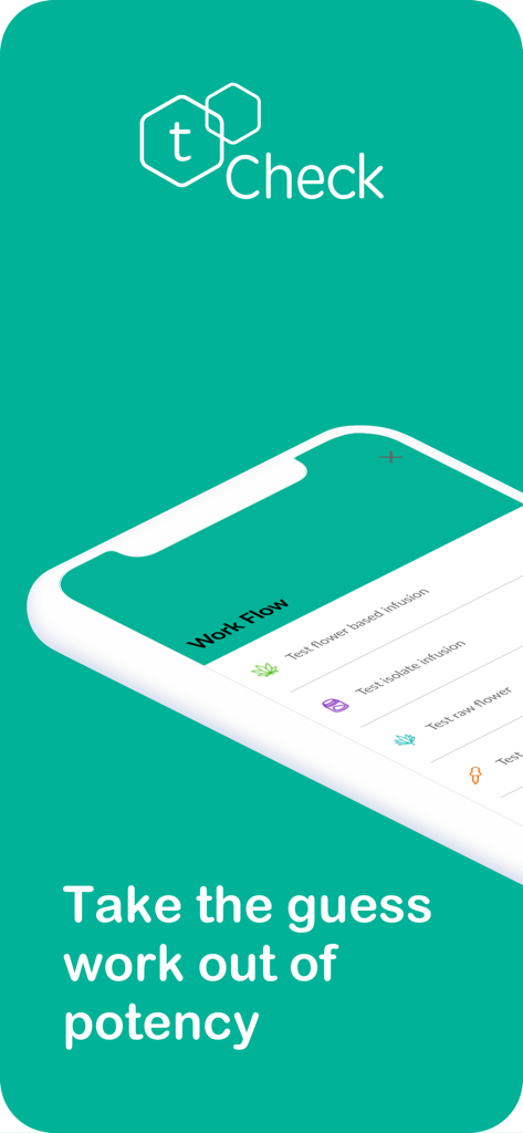 tCheck mobile app interface showing potency testing options for herbal infusions