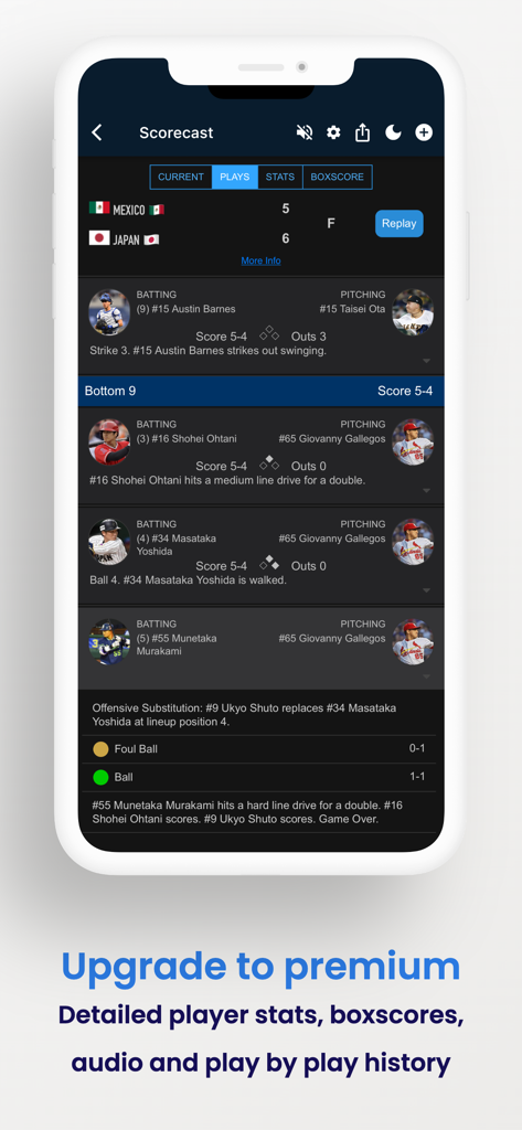 Live baseball scorecast and play by play history in the iScore Central app