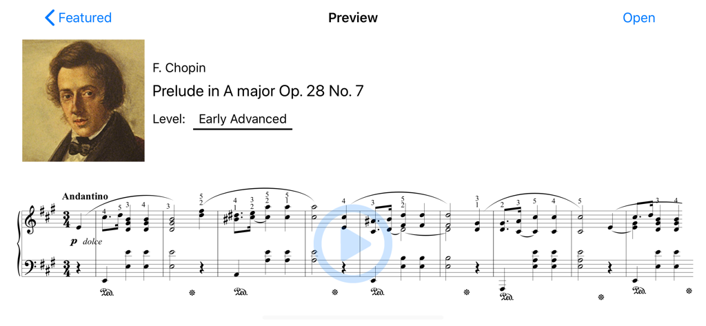 PianoMate - Piano Sheet Music - Sheet music preview for Chopin Prelude in A major in the PianoMate app
