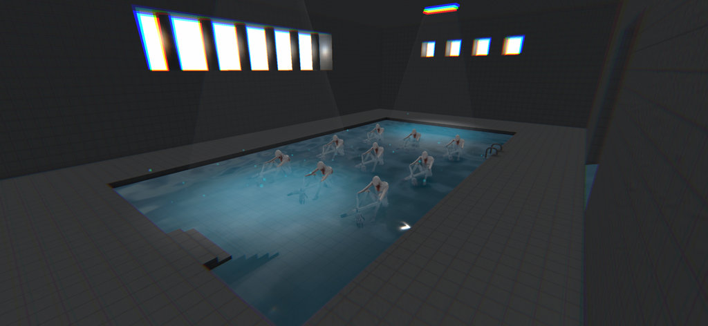 Um grupo de entidades humanoides assustadoras e finas sentadas em uma piscina interna mal iluminada dentro do jogo Silent Maze.