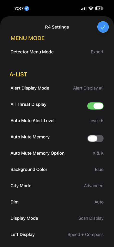 The R4 Companion app settings menu for customizing Uniden R4 radar detector alerts and display modes.