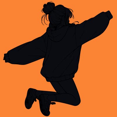 realistic girl jumping with a bun and oversized sweatshirt