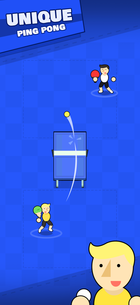 Pongfinity - Ping Pong - Top-down gameplay view of two cartoon characters playing table tennis in the Pongfinity mobile game.