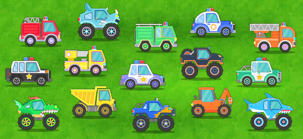 Car Wash Car Games for kids - Uma variedade de veículos de desenho animado coloridos incluindo carros de polícia, caminhões de bombeiros e caminhões monstro em um fundo de grama verde