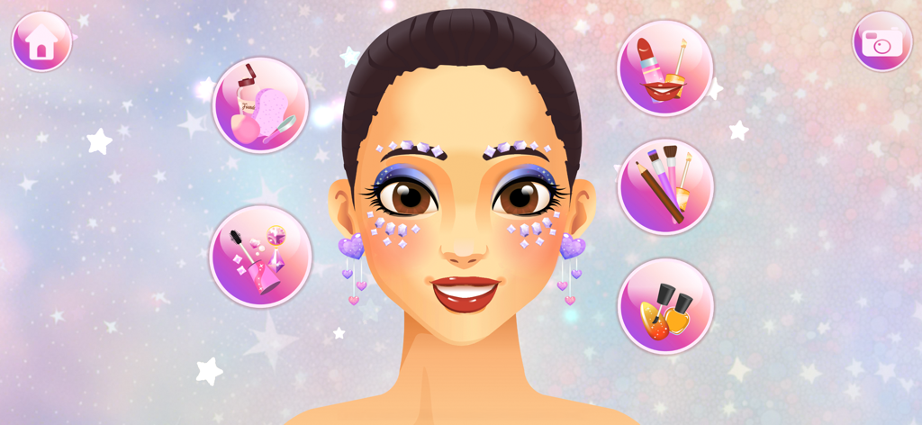 Makeup Games: Beauty Princess - Princess character with sparkling eye makeup and face gems in a beauty salon game for kids.