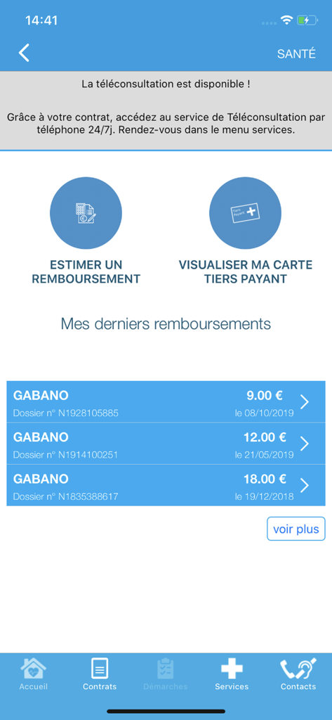 Mes Assurances - Health section of the Mes Assurances mobile app showing reimbursement history and medical teleconsultation options