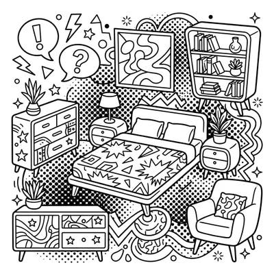 Dive into the exciting world of Pop Art with this dynamic coloring page featuring essential bedroom furniture. It's a fantastic way to explore bold designs and vibrant patterns, perfect for a creative escape.