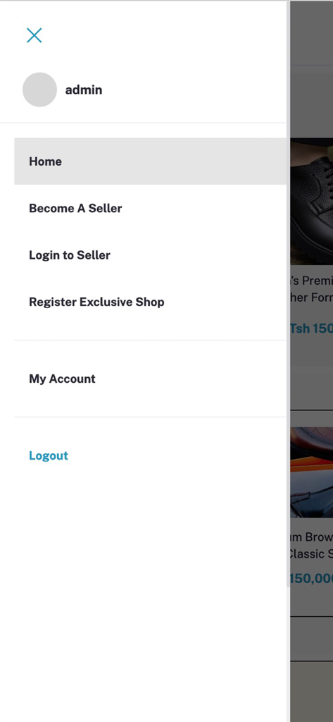 ShekinaShop - ShekinaShop 모바일 앱의 측면 탐색 메뉴에 계정 및 판매자 옵션이 표시됩니다