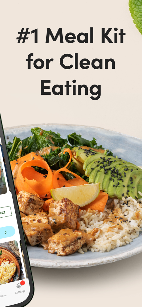 A healthy vegan bowl with tofu, avocado, and kale alongside the slogan #1 Meal Kit for Clean Eating.